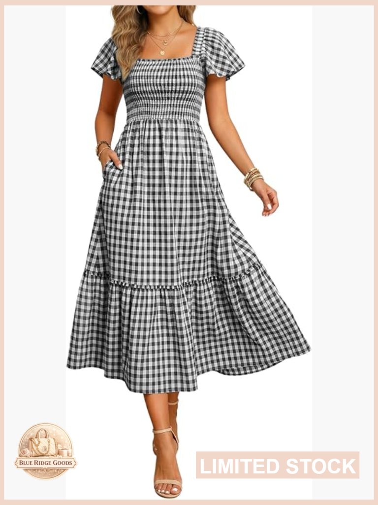 Plaid Smocked Square Neck Flutter Sleeve Midi Dress With Pockets Cotton